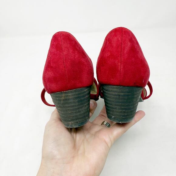 [Eileen Fisher] Red Suede Leather Poet Crisscross Straps Block Heel Pumps Sz 8.5 - Picture 4 of 11